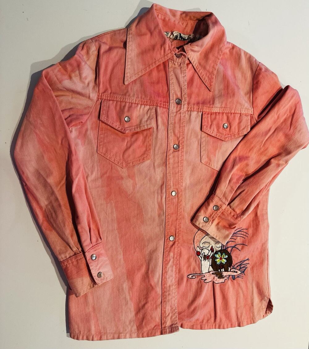 Young East Women's Sz Small Button Down Shirt Pink Embroidered Punk, Biker Moto